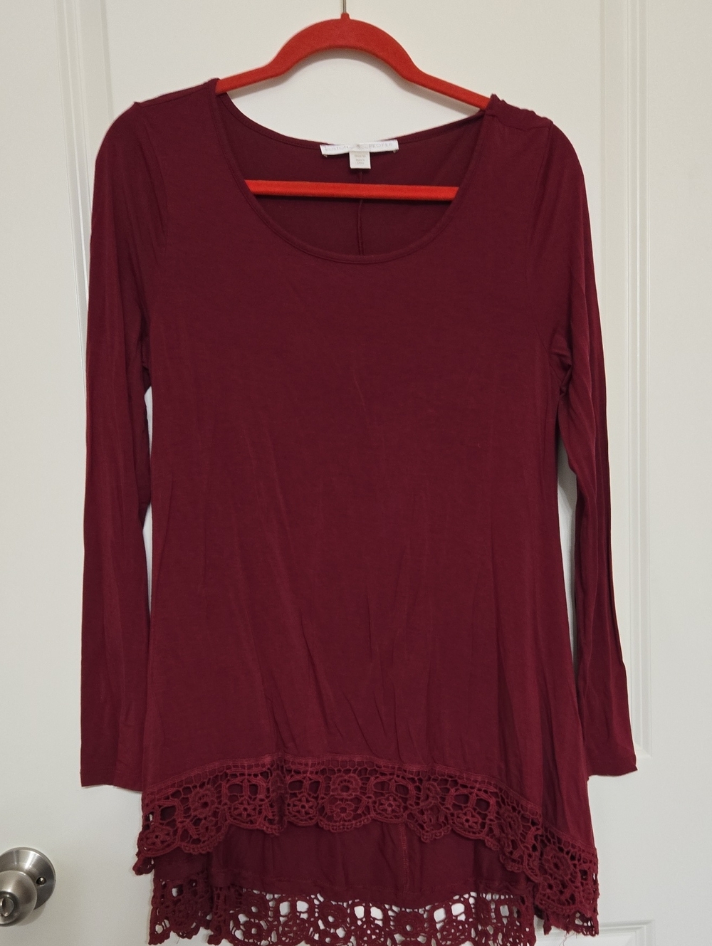 Boston Proper Burgundy Lace-Hem Long Sleeve Scoop Top - Picture 1 of 3